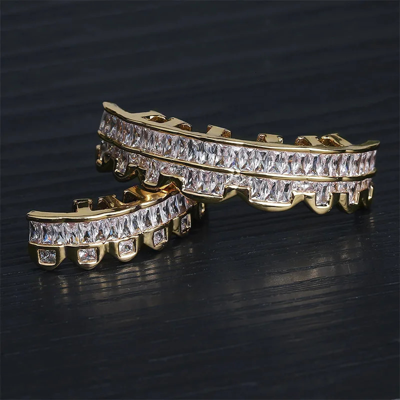D Z Baguette Teeth Set For Unisex Top Bottom Iced Out Cubic Zircon Stone Brass Material Hip Hop Cosply Jewelry Man 250613