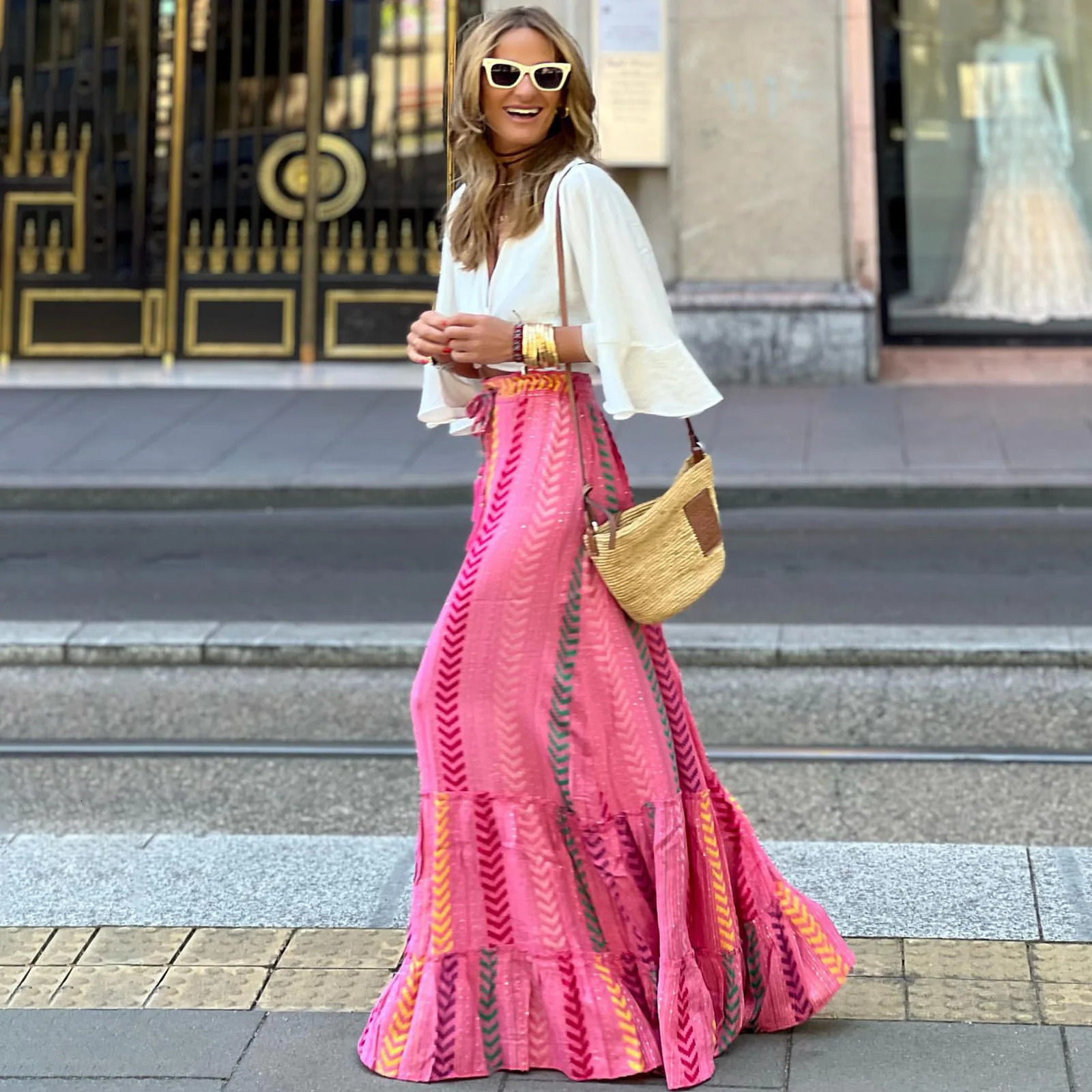 Women A-line Skirt Beach Holiday Print Lace-up Skirt Casual Long Skirt Loose High Waist Bohemia Summer Skirts for Women Clothes 250619