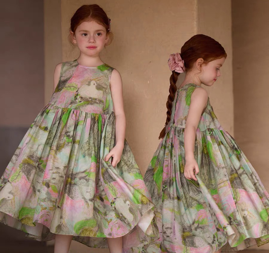 Girls' pure cotton abstract printed casual dress Versatile mid length dress