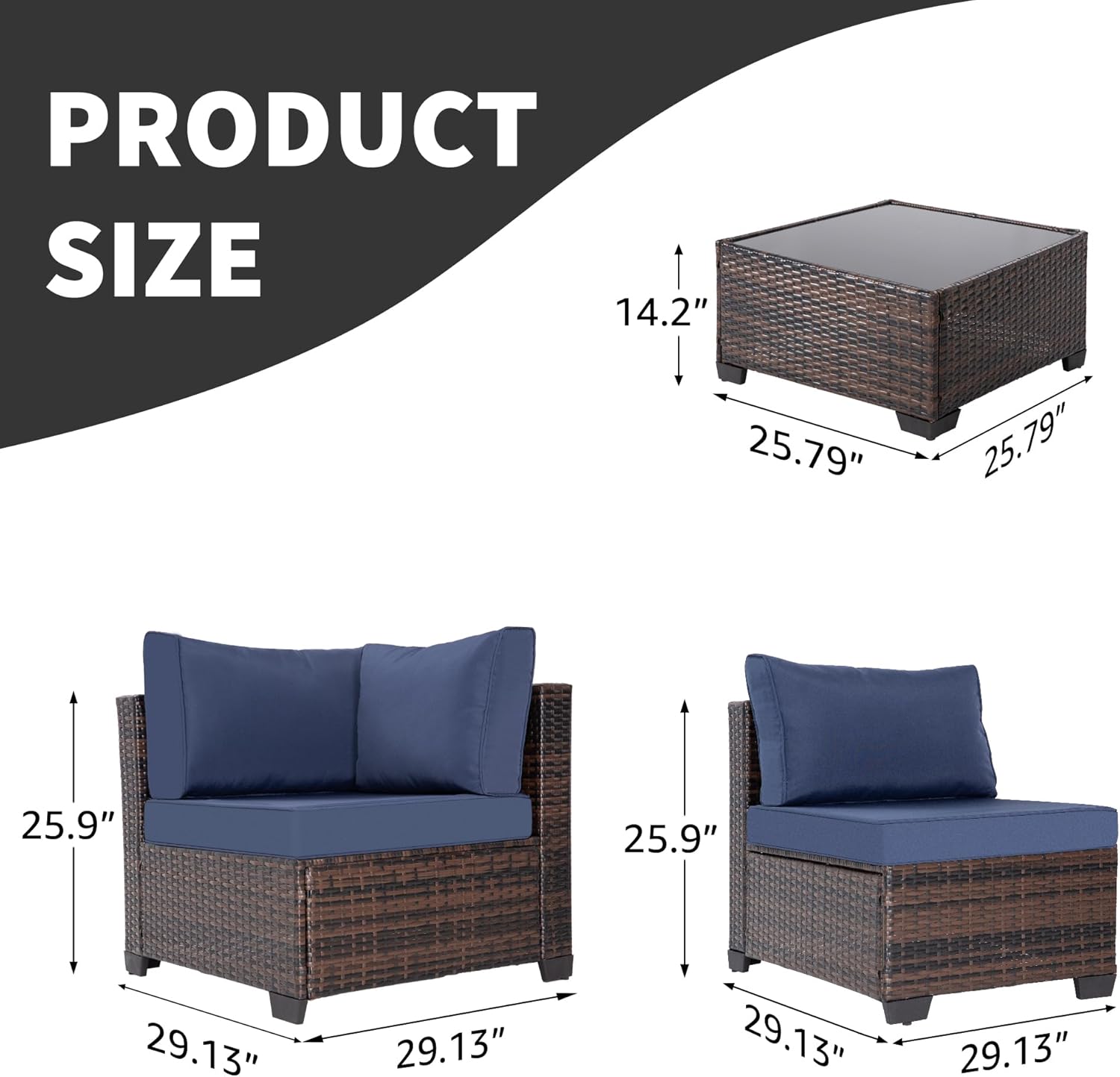 7 Pieces Patio Furniture Set Modular Patio Set Wicker Outdoor Sectional Sofa Set PE Rattan Wicker Patio Conversation Set with Thickened Cushions and C