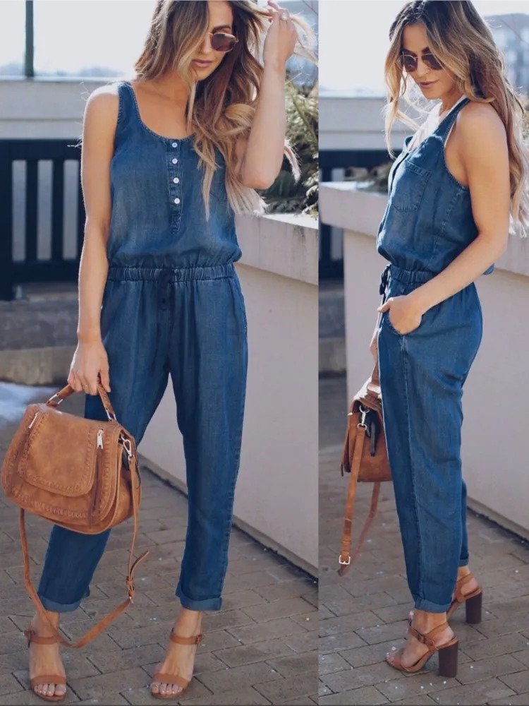 Summer Denim Jumpsuit For Women 2025 Fashion Sleeveless Button Vest Slim Drawstring Pant Jumpsuits High Street Womens Clothing 250619