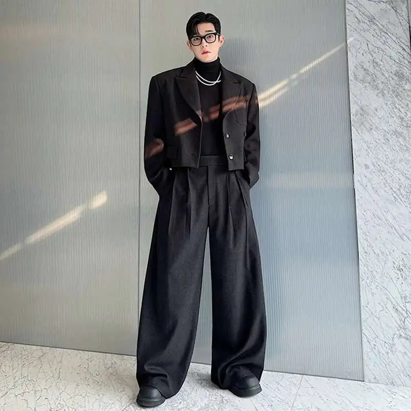 FEWQ Mens Two-piece Lapel Niche Solid Color Single Breasted Blazer Pleated Straight Wide Leg Male Suit Pants 9C8389 250619