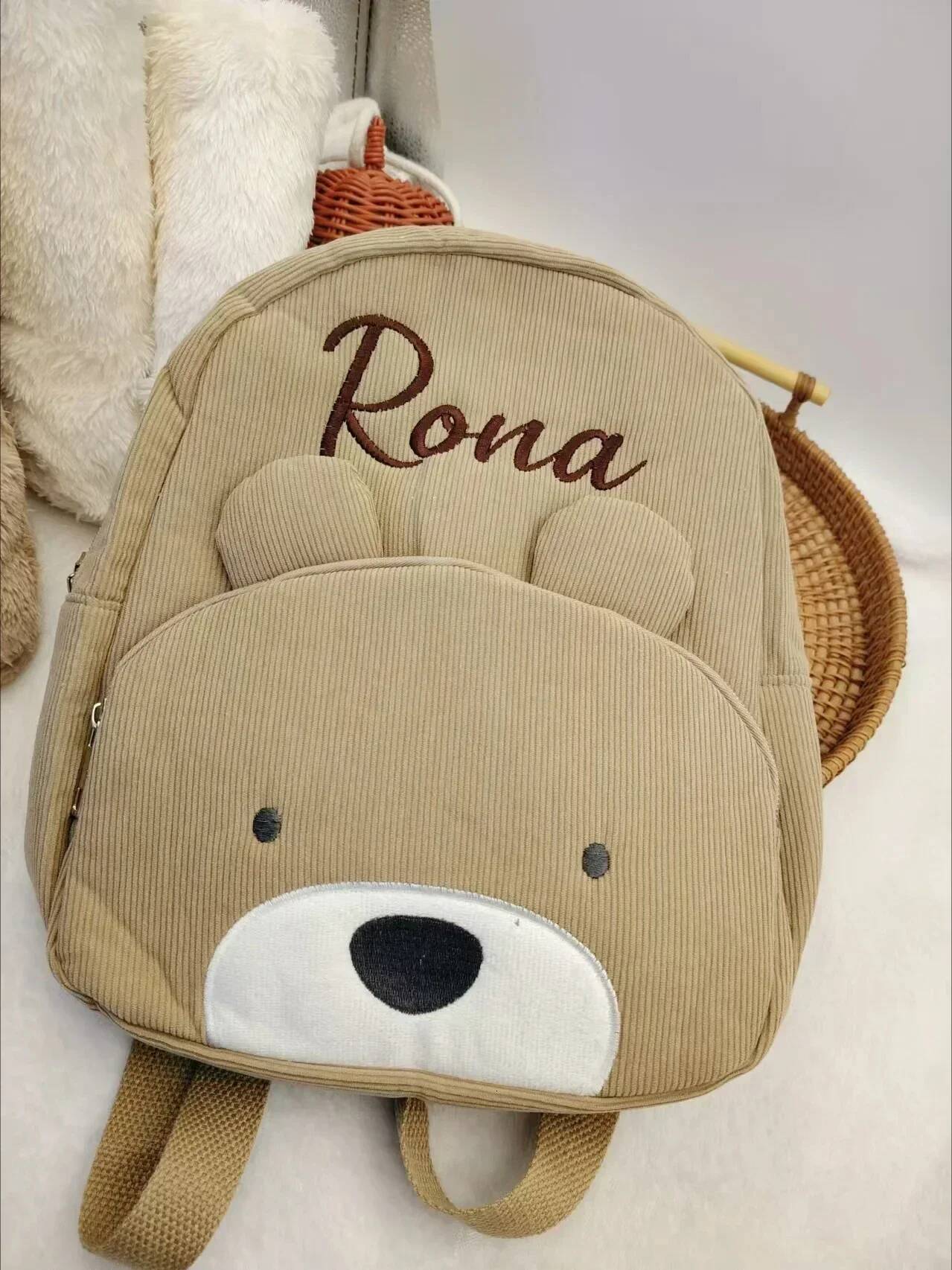 DHSM Customized Toddler Cartoon Bear Corduroy Large Capacity Embroidered Name Backpack Plush Bag