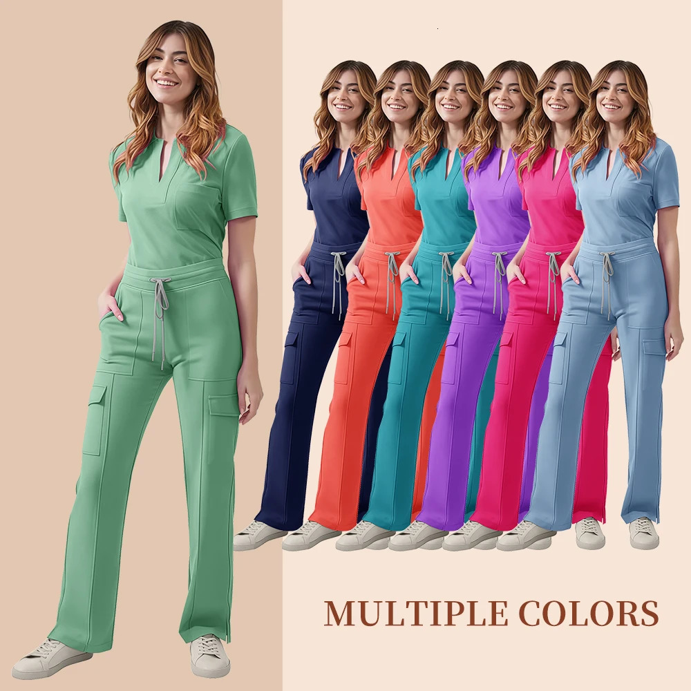 Scrubs Uniform Women Nurse Scrub Set Pocket TopPants 2 Piece Suit Nursing Operating Room Clothes Beauty Salon Work Wear 250619