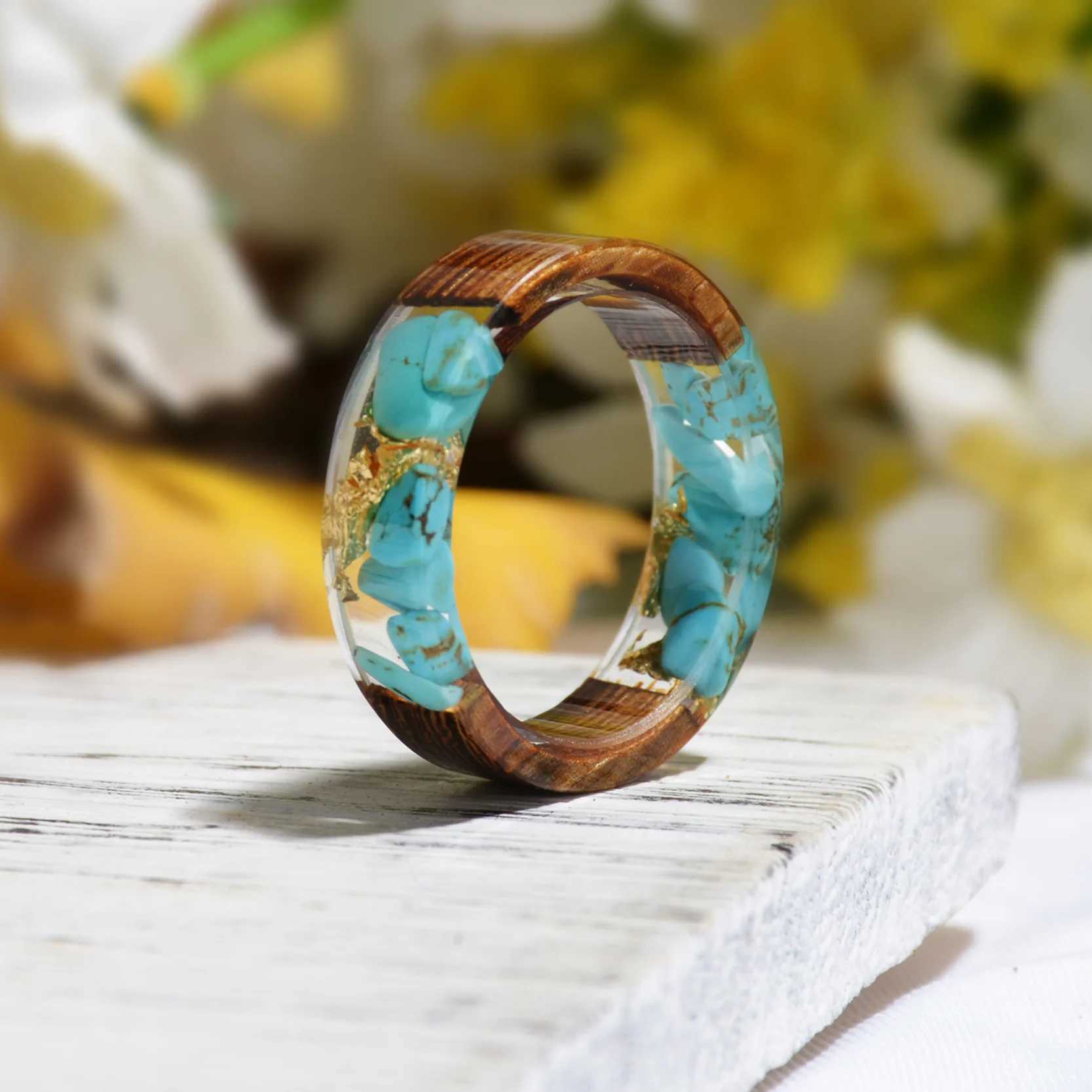 08 Wood Resin Ring DIY Handmade Dried Flowers Ring For Women Men Fashion Jewelry M250620