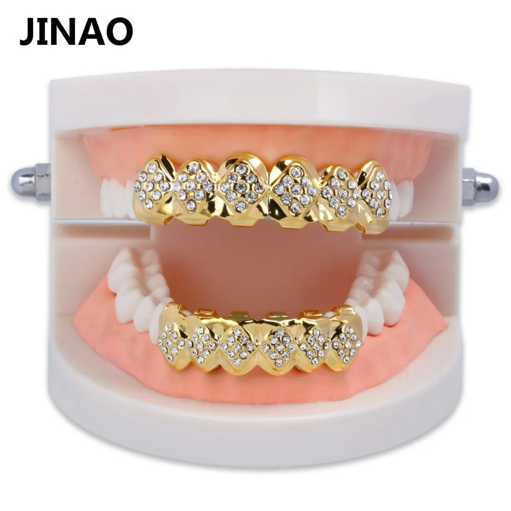 JINAO Fit Gold Color Plated Iced Out Crystal Top Bottom Teeth With Silicone Halloween Christmas Gift 250613