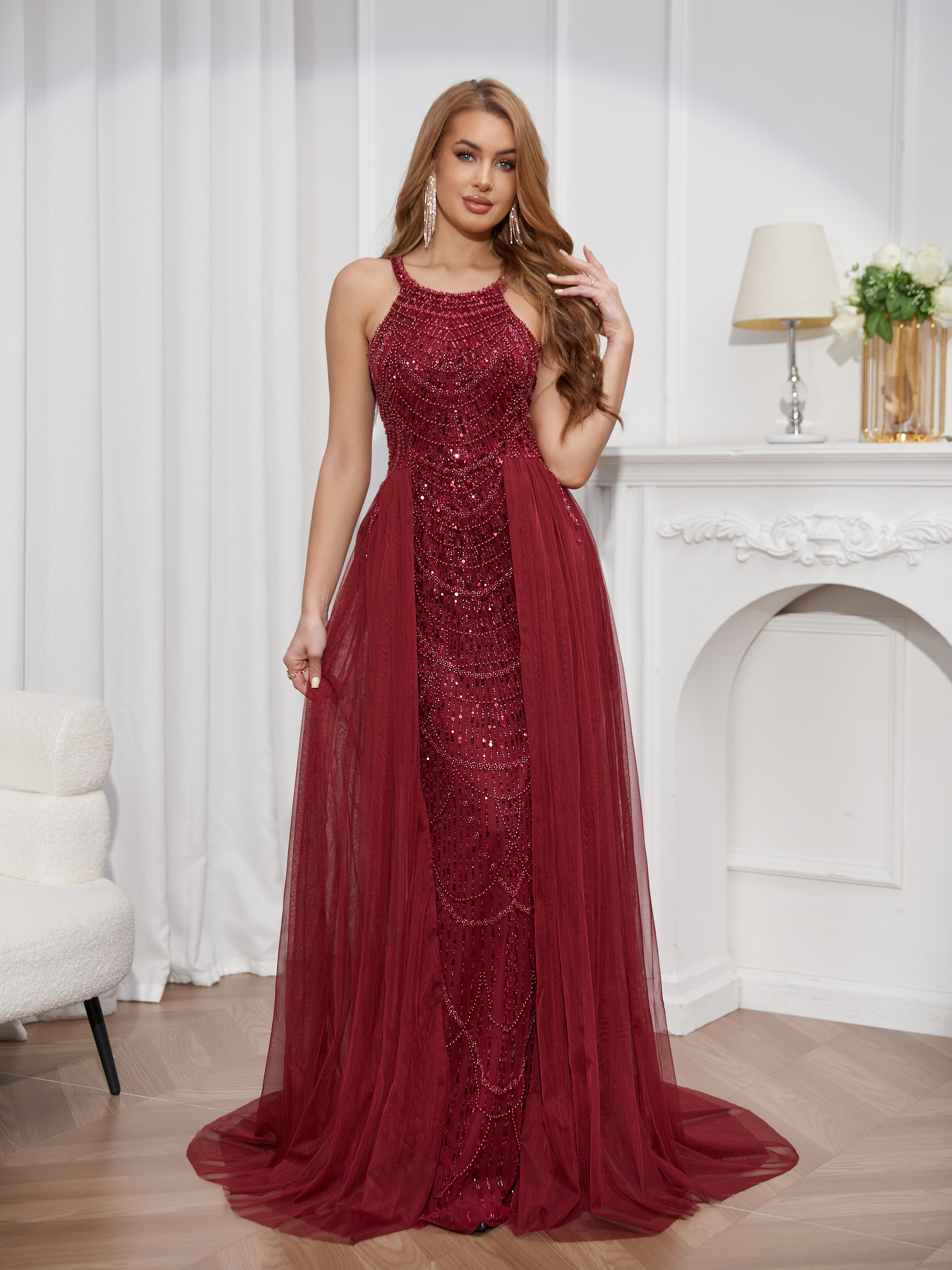 Prom toast dress new wine red hanging neck sexy high-end evening dress women's high-end cocktail party gauze tail prom dress prom dress