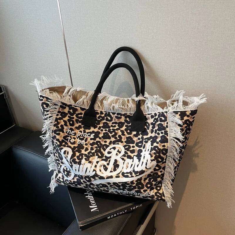 DHGM Fashionable tassel large capacity beach tote bag, new leopard print letter single shoulder women's bag