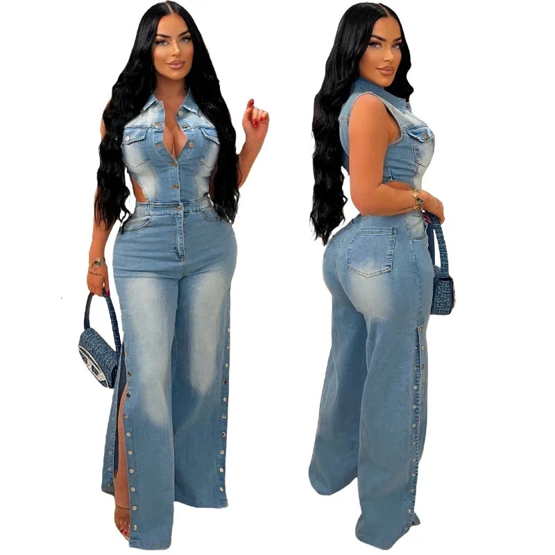 Jumpsuits Women Denim Pants One Piece Sleeveless Turn Down Collar Overalls Sheath Sexy Straight Long Pant Rompers Slim Fit 250619