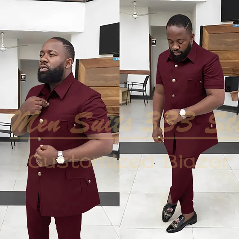 Summer Mens Suits Solid Color Short Sleeve Single Breasted Stand Lapel Casual Outfits 2 Piece Jacket Pants Set Slim Fit Terno 250619