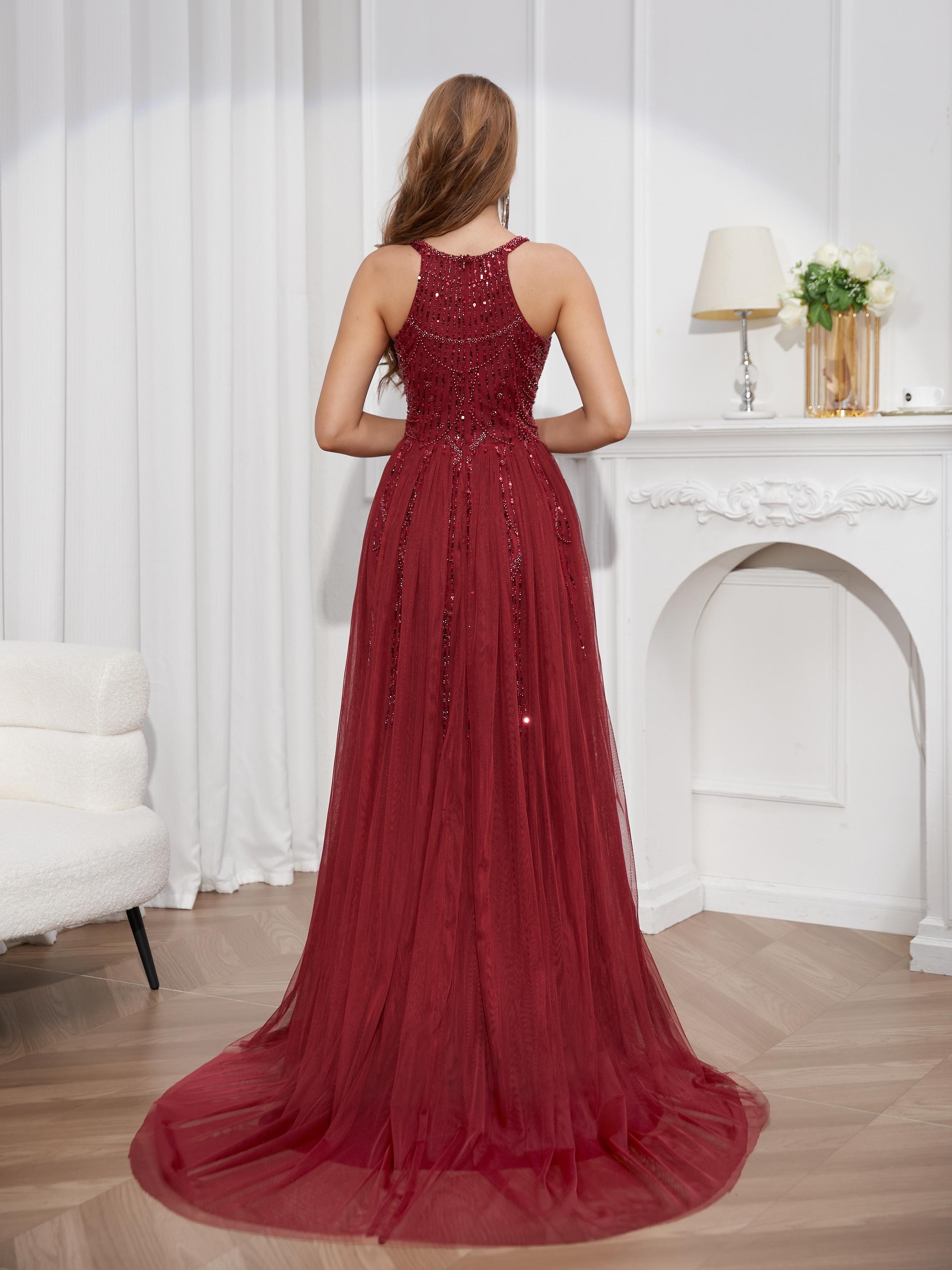 Prom toast dress new wine red hanging neck sexy high-end evening dress women's high-end cocktail party gauze tail prom dress prom dress