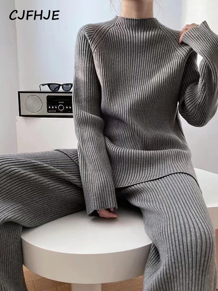 CJFHJE Knitted Sweater Suit Women Elegant Solid O-Neck Pullovers Wide Leg Pants Suit Lady Winter Soft 2 Piece Set Homewear 250619