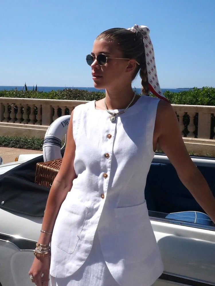 Chic Cotton Linen Long Skirt Set Women Summer Sleeveless Single Breasted Vest Top Back Split Maxi Skirts Lady 2 Piece Suits 250619