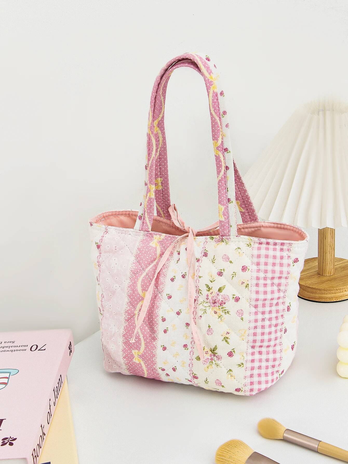 DHGM 1 piece flower handbag, large capacity fashionable versatile shoulder bag with cute bow design, suitable for teenage girls