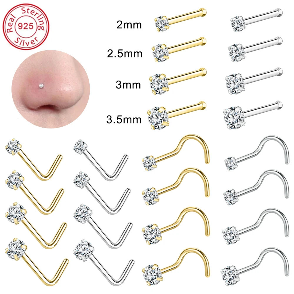 ZS 1820G 925 Sliver Nostril Piercings Gold Plated Nose Studs Shiny Zircon Septum Rings for Women Real Sterling Stud 250613