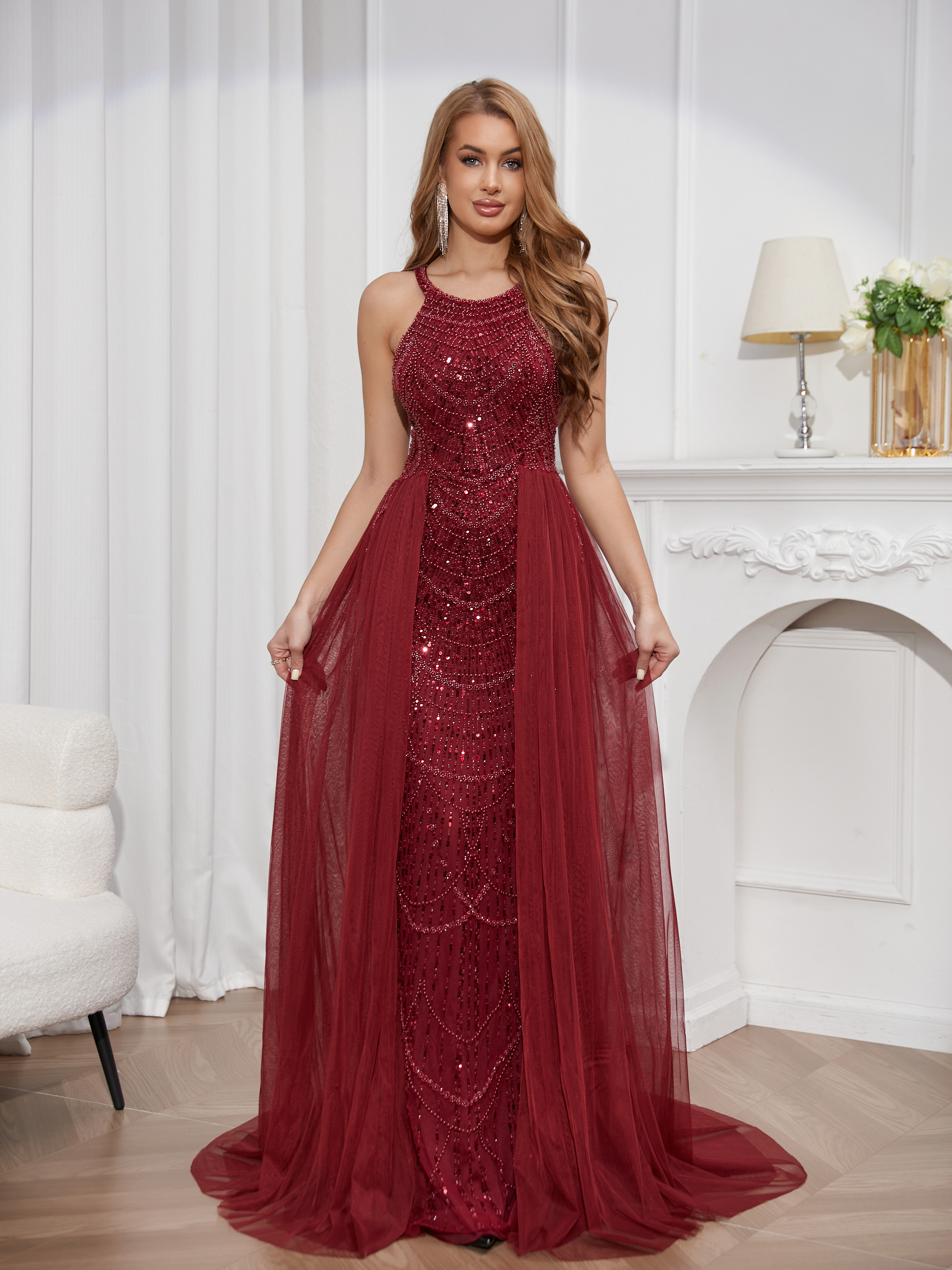 Prom toast dress new wine red hanging neck sexy high-end evening dress women's high-end cocktail party gauze tail prom dress prom dress