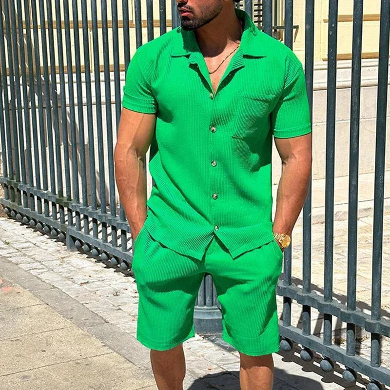 Summer Turn-down Collar Casual Loose Mens Sets Solid Soft Single Breasted Button Shirts Shorts Suit Mens Two-piece Suits 250619