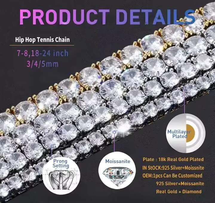 Fashion Jewelry 5mm Tennis Bracelet With 925 Silver Bracelet Vvs Moissanite Bracelet Tennis Chain Custom Size for Women