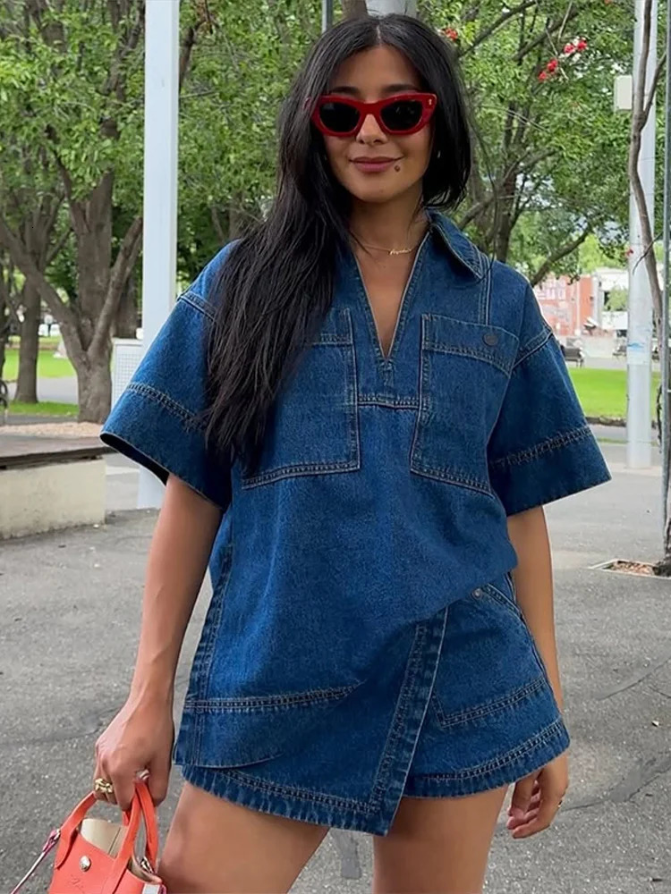 Casual Women Denim Tops Skirt Sets Fashion V-neck Patchwork Half Sleeve Split Shirt Mini Jean Short 2025 Summer Vintage Outfits 250619