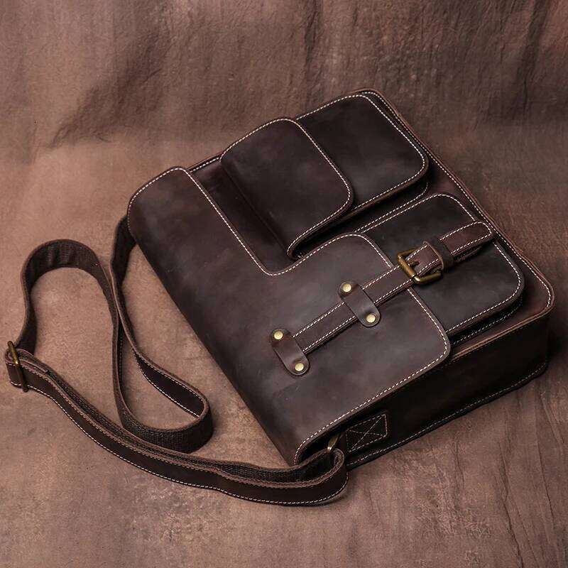 GURO Vintage Deluxe Leather Messenger High Quality Crazy Horse Cowhide Shoulder Sling Bag Weekend Crossbody For 12 Inch Ipad