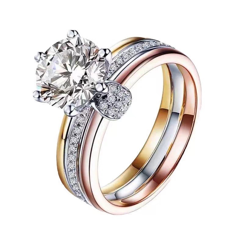 Three Color Band Sterling Silver Ring with Slightly 3 Ct D-Color Moissaniter Ring