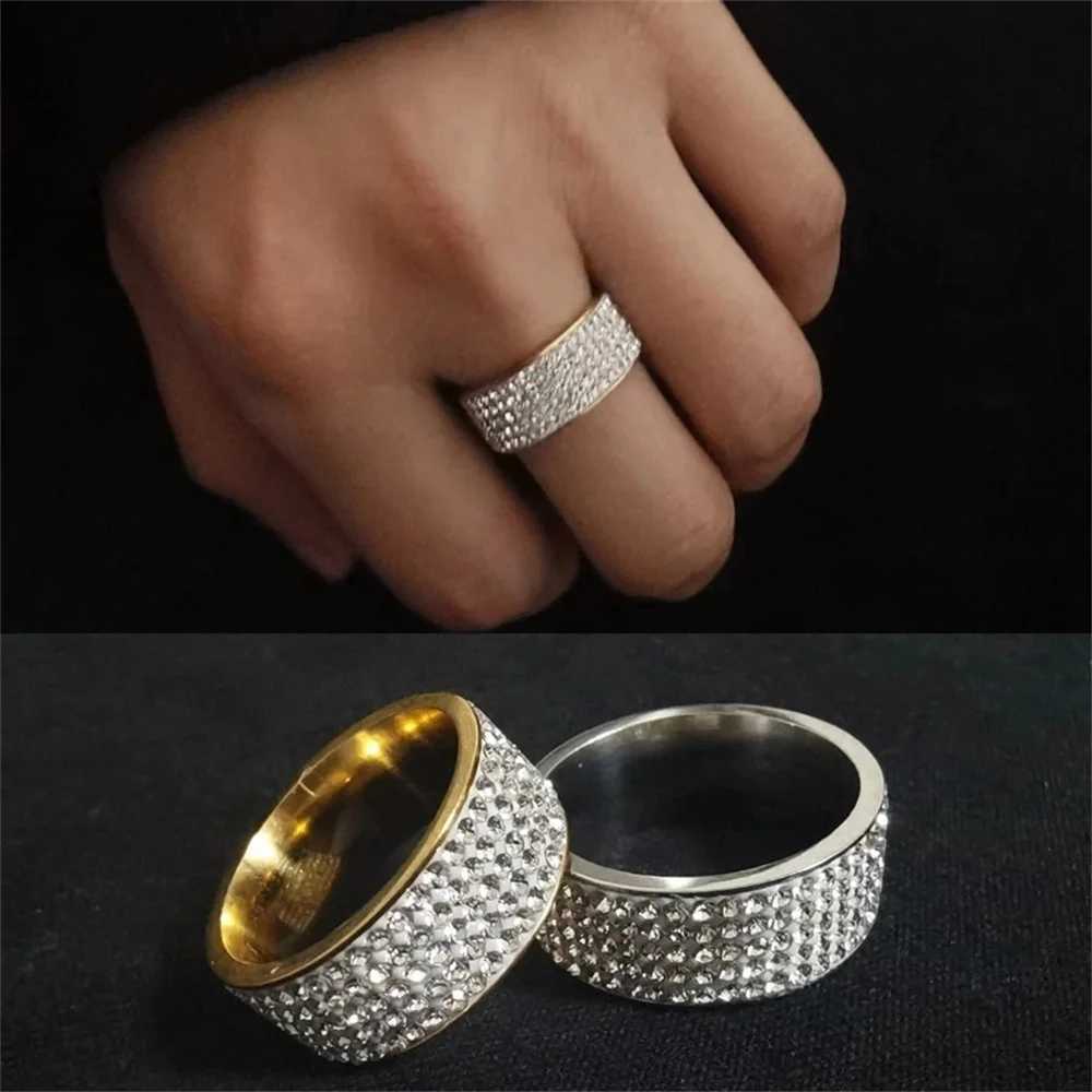 8mm Wide Five Rows Full Rhinestone Shiny Rings Stainless Steel Gold Silver Color Ring For Women Men Hip Hop Fashion Party Jewelry M250620
