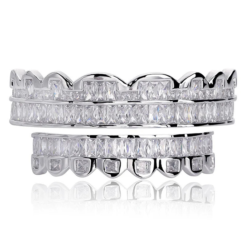 D Z Baguette Teeth Set For Unisex Top Bottom Iced Out Cubic Zircon Stone Brass Material Hip Hop Cosply Jewelry Man 250613