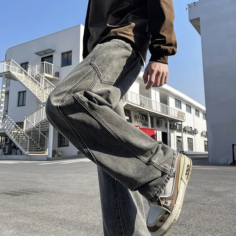 American Retro Washed Denim Jeans Mens Trendy Loose Straight Leg Workwear Wide Leg Pants Korean Street Hip-hop Mens Clothing 250617