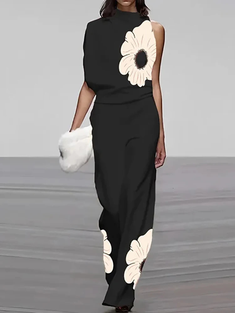 Wide Leg Pants Elastic Waist Printing Loose Matching Sets Women Summer Loungewear Holiday Sleeveless Pullover Top Ladies Outfit 250619