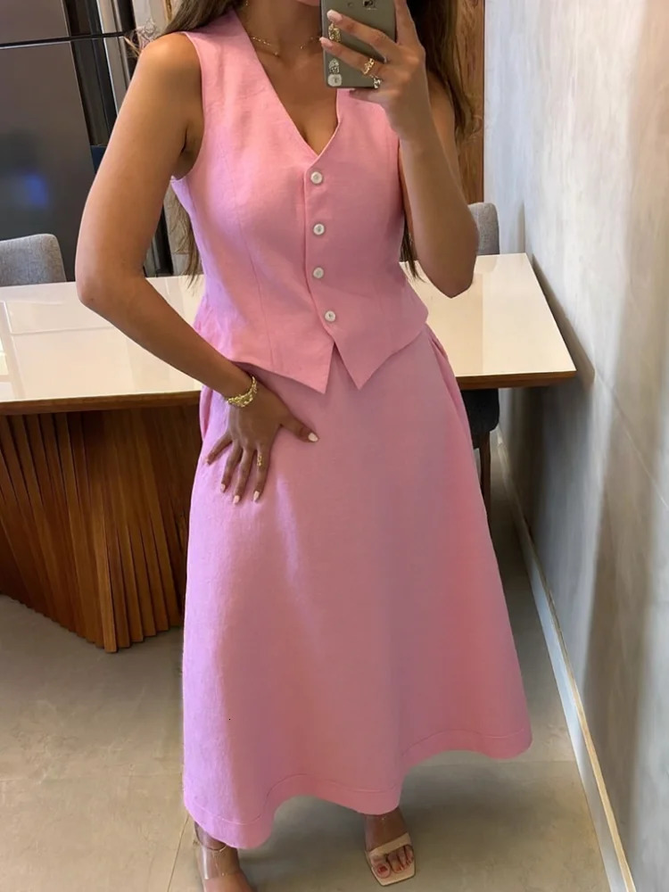 Women Vest Skirt Suit Solid V-neck Single Breasted Sleeveless Short Top Wide Leg Skirts Female Elegant Summer Lady Beach Wears 250619