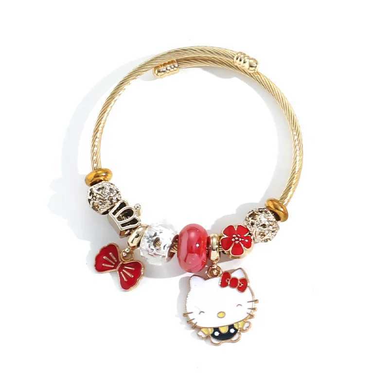 Sanrio Sweet Cartoon Cute Hello Kitty Flower Bowknot Charms Bracelets for Women Girls Sanrio Gold Color Stainless Steel Bangle Jewelry w250716