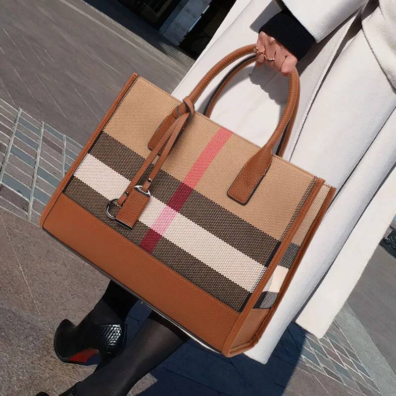 DHSM Fashion Plaid Canvas Women's Designer Tote Handbag Classic Versatile Large Capacity Shoulder Crossbody Bags For Women Bag