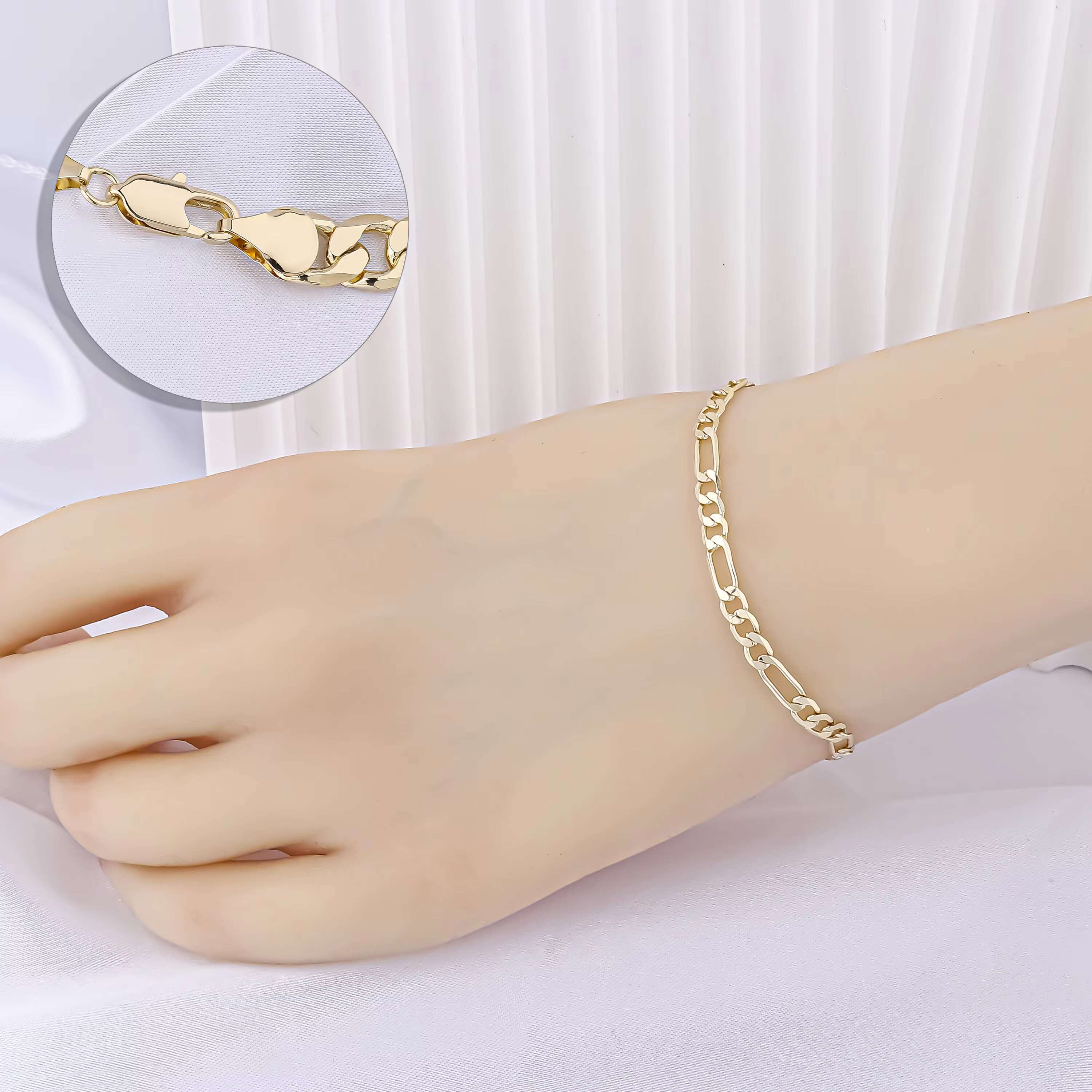 14K Gold Plated Pulseras NK 3-1 Figaro Chain Bracelet Multiple Width Chunky Bracelets Miami Cuban Link Bracelet for Women Men