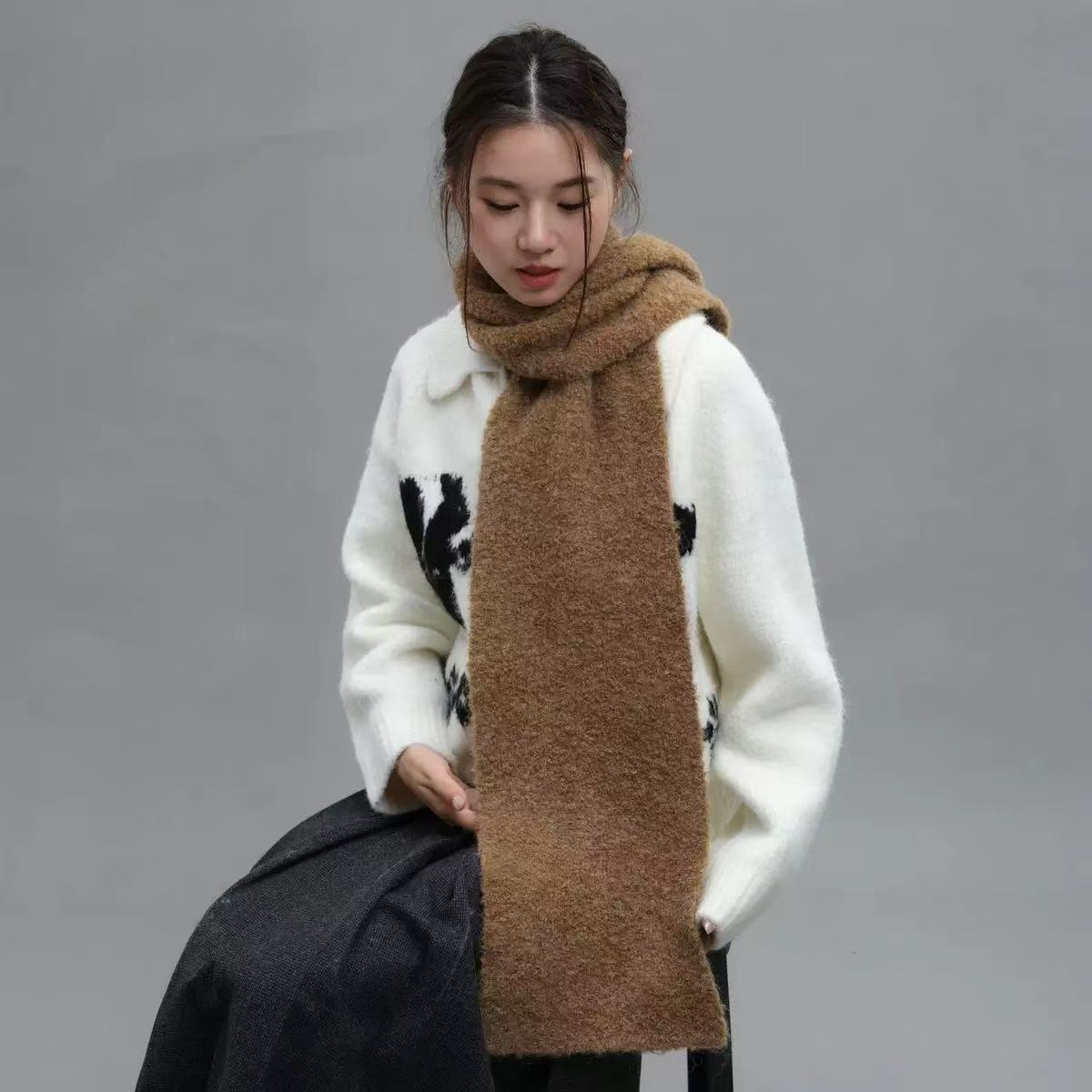 T1015 high-end design pure color retro wool blend autumn and winter warm knitted neck scarf for women
