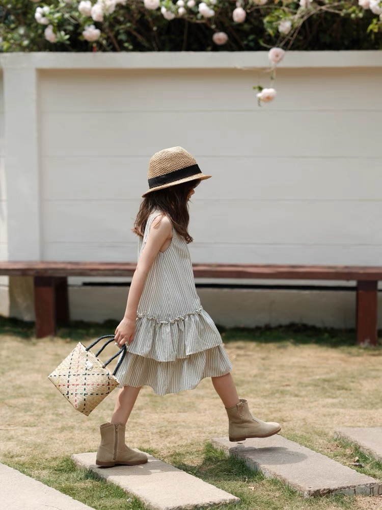 Girls' yarn dyed striped vest dress casual dress ruffle edge dress New girls' dress