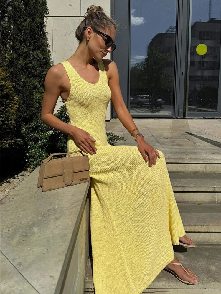 Talenza Summer Knit Long Dress Solid Sleeveless Casual High Waist Halter Long Dress Knit Backless Office Lady Womens Dress 2025 250619