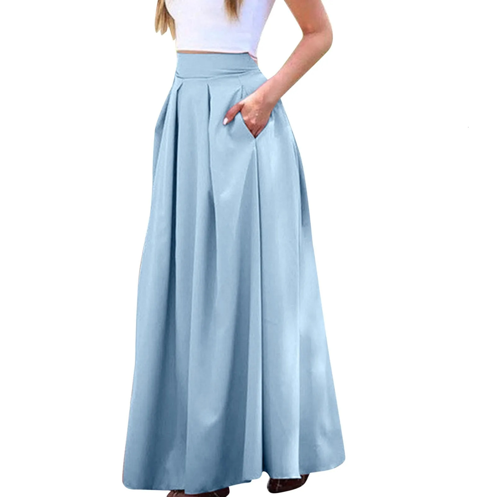 Spring Summer Office Lady Pleated Skirt Women High Waist A Line Floor Length Skirt Faldas With Pockets Solid Baggy Maxi Skirt 250619