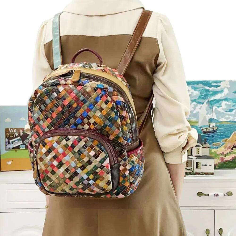 2024 Fashionable Genuine Backpack Color Block Cow Leather Handwoven Double Shoulder Women's Bag Free Shippin