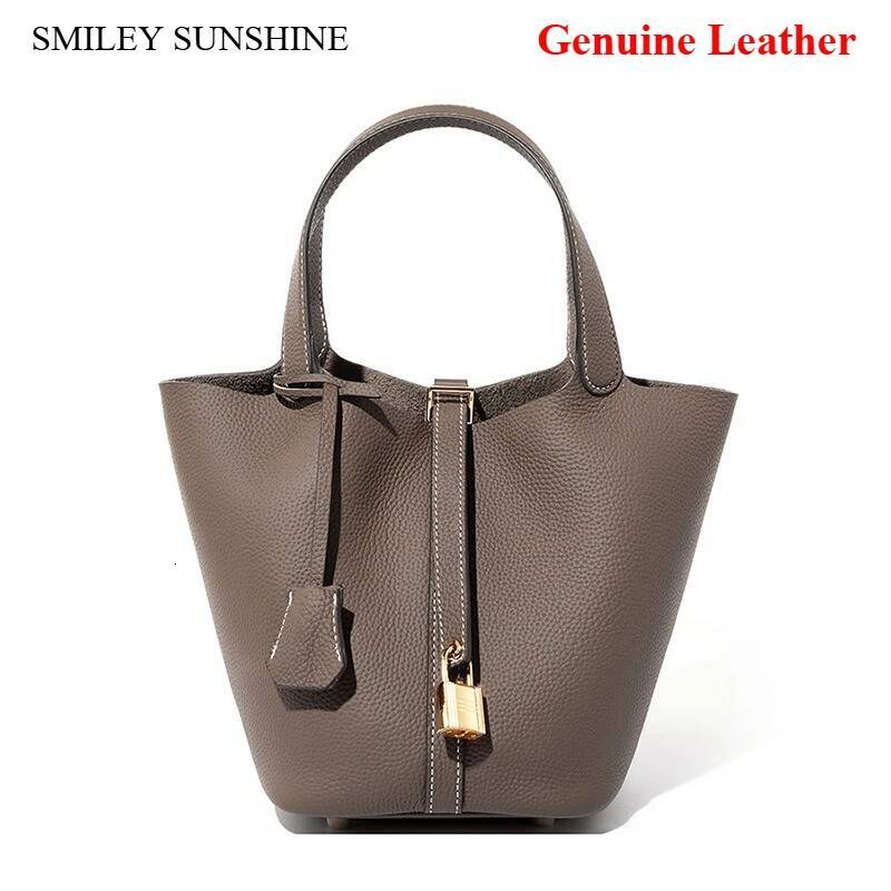 DHSM Genuine Leather Shoulder Bucket Bag Women Litchi Pattern Mini Basket Tote Soft Handbag Mommy Bride Wedding Bags with Lock