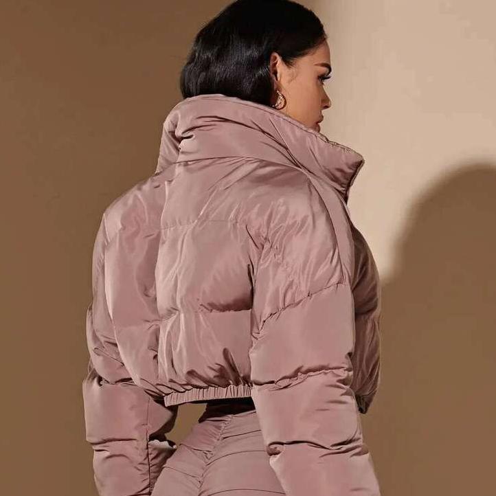 Women's American Style Short Winter Coat - Solid Color Cotton-Padded Stand-Up Collar
