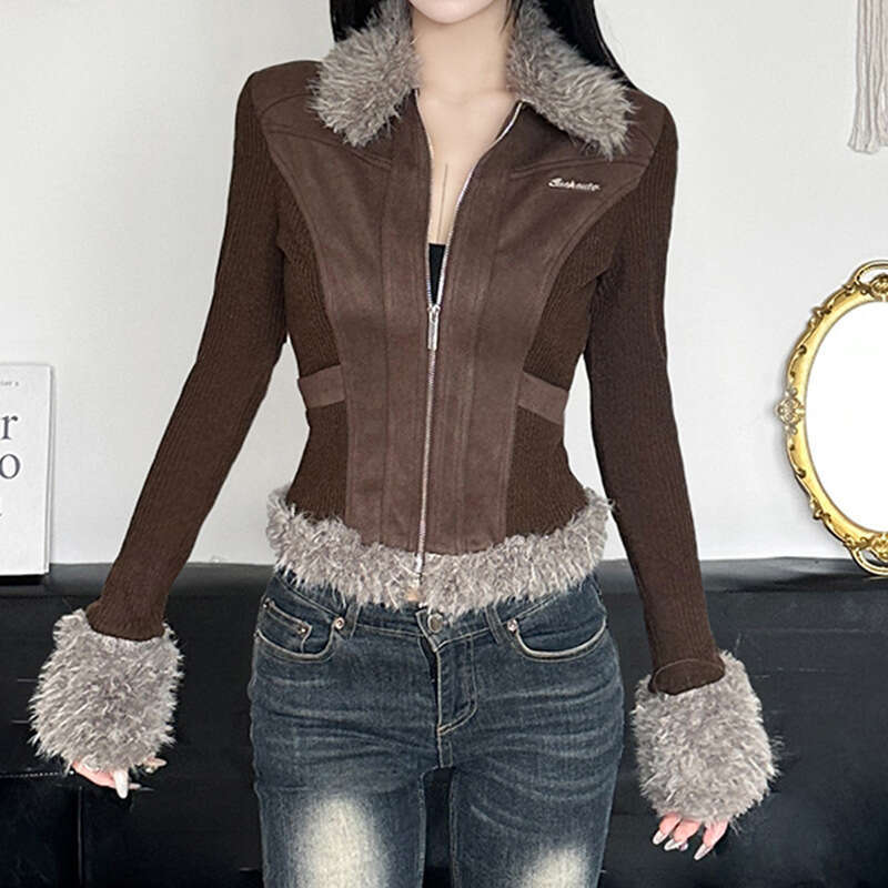 Autumn Winter New Leopard Print Patchwork Hooded Zipper Jacket Women's Fashion Street Style Warm Plush Coat B5