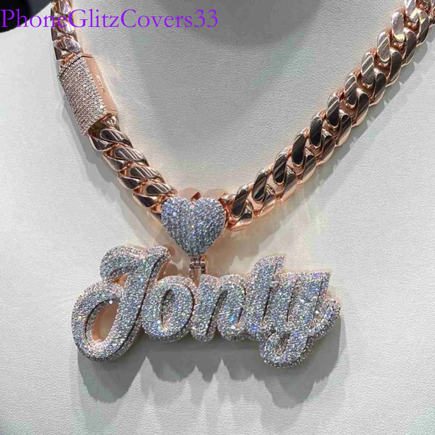 Hip Hop Moissante Jewelry Women Custom Iced out Name Pendant Sier Cuban Chain Necklace in Rose Gold
