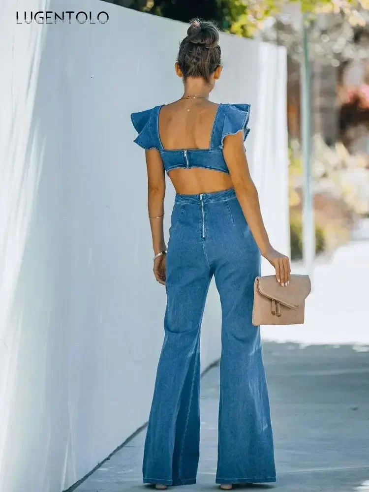 Women Sexy Round-neck Jumpsuits Ruffles Sleeveless Slim High-Waist Lady Elasticity Denim Street Wide-leg Pants Lugentolo 250619