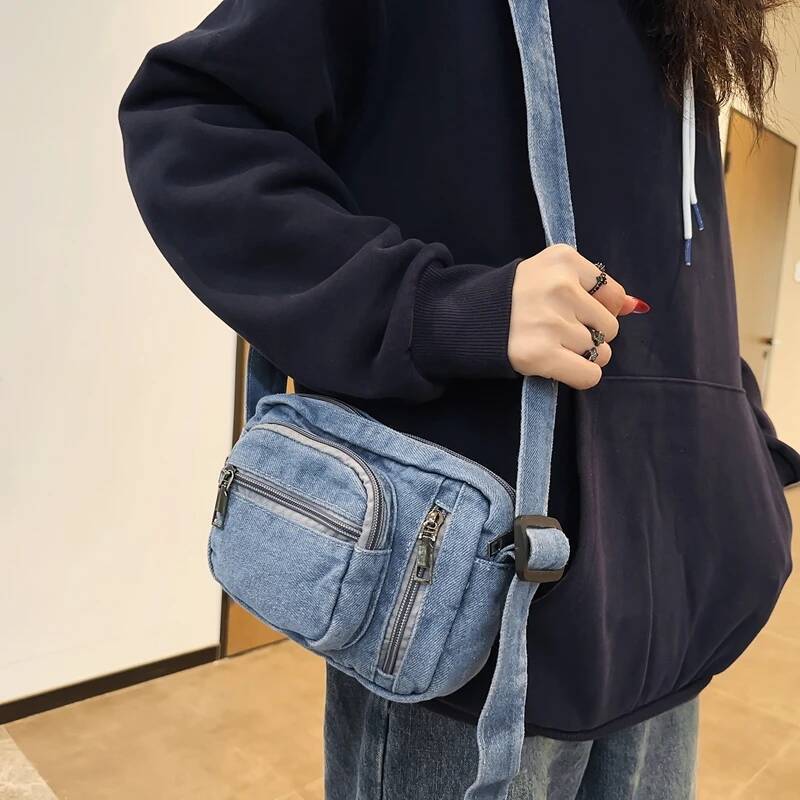 DHGM Classic Denim Multi Pocket Casual Small With Adjustable Shoulder Straps Zero Wallet Solid Color Fun Crossbody Bag