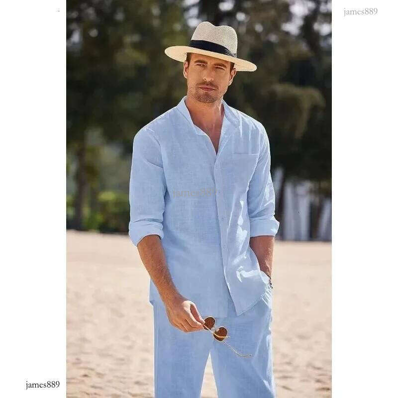 Sky Blue White Black Sports Suit Mens Beach Casual Linen Loose Long-sleeved Shirt Trousers Workwear Two-piece Male Set 250222