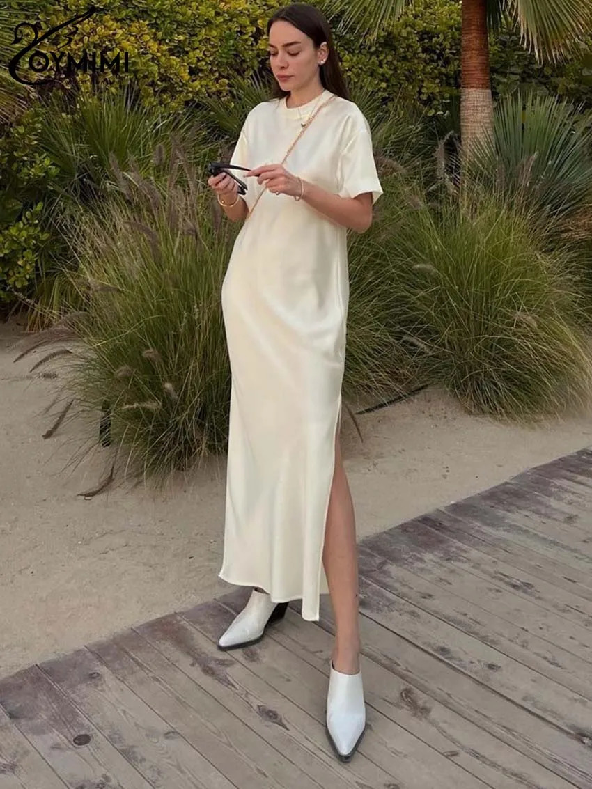 Oymimi Elegant Apricot O-Neck Womens Dress Fashion Short Sleeve Side Slit Solid Dresses Casual Straight Mid-Calf Dress Female 250619