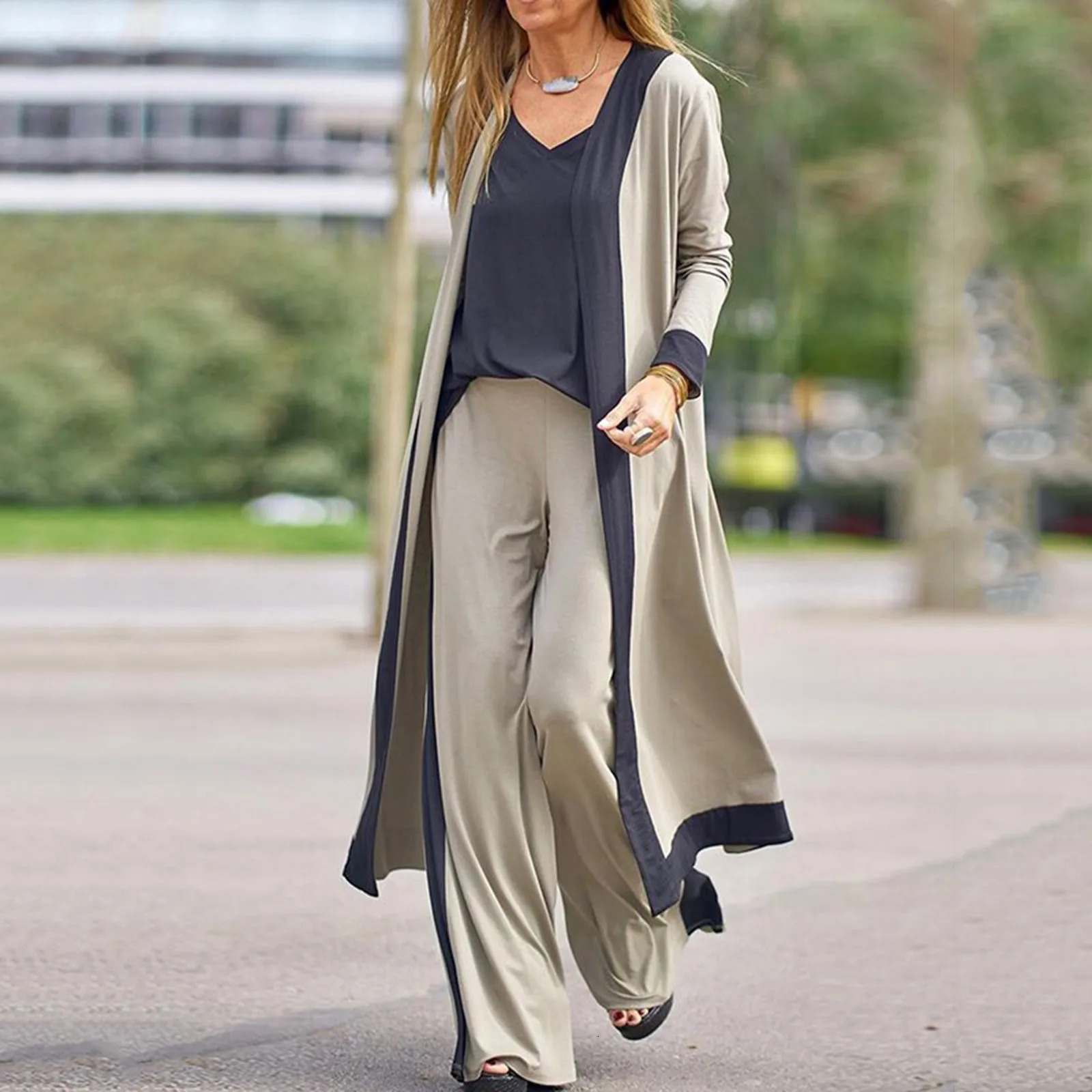 Autumn 3 Piece Women Cardigan Tracksuits Fashion Wide Leg Pant Set Winter Ladies Color Matching Top Suit Vintage Casual 250619