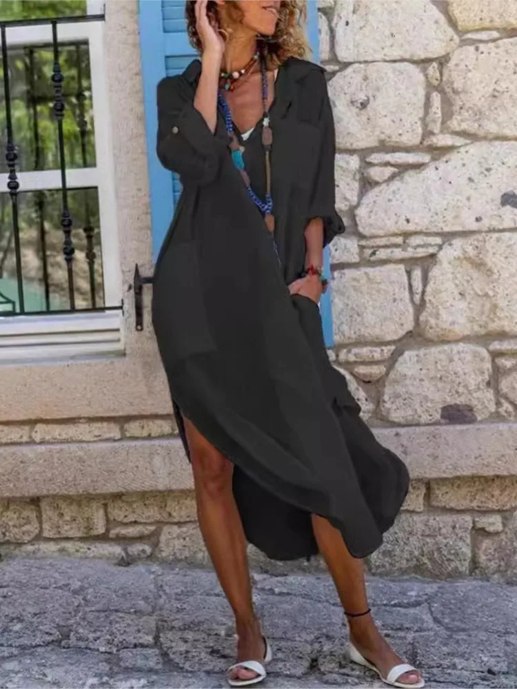 White Womens Shirt Dress Solid Color Button Split Loose Long Dress Casual Long Sleeve Cotton Linen Dress For Women 2025 250619