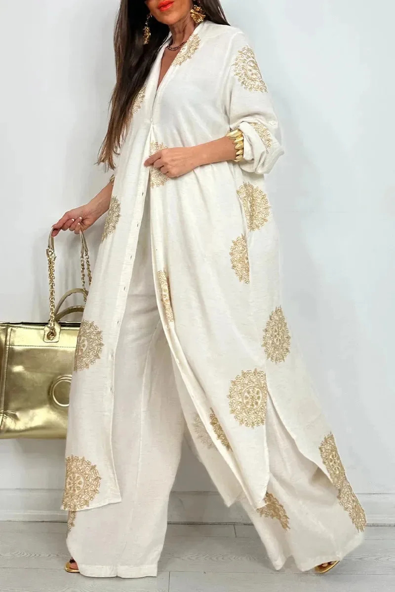 Womens Loose Long Vintage Printed Robe Set Spring Summer Casual Button Shirt Blouses Wide Legs Pants Oversized Two-piece Outfit 250619