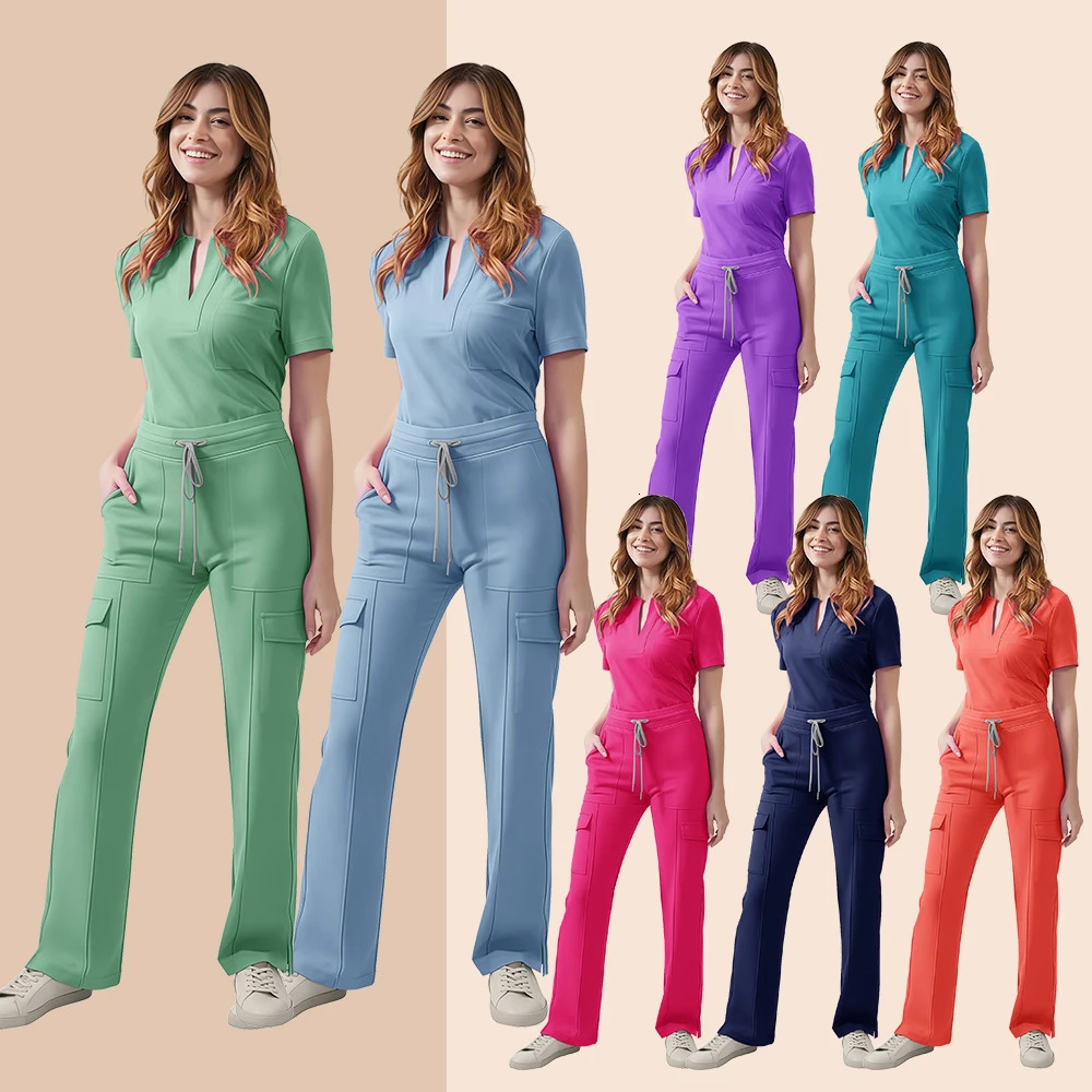 Scrubs Uniform Women Nurse Scrub Set Pocket TopPants 2 Piece Suit Nursing Operating Room Clothes Beauty Salon Work Wear 250619